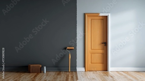 Fototapeta Two-tone room transformation with door and paint roller in modern interior setting.