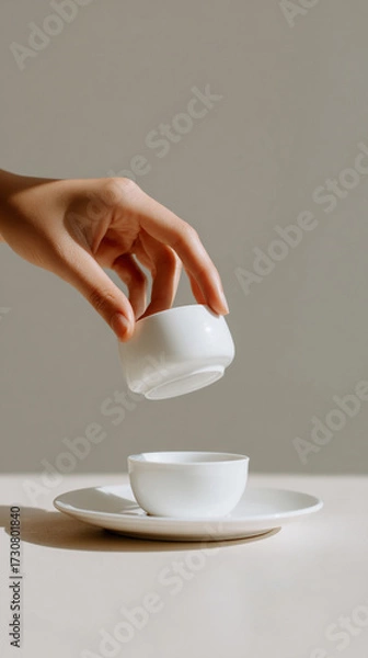 Fototapeta Hand turning cup upside down on saucer for fortune telling, white table.