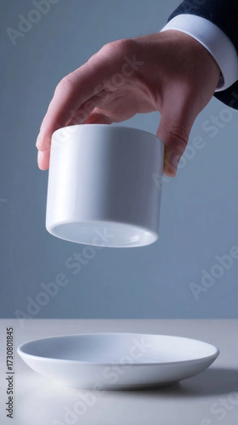 Fototapeta Hand turning cup upside down on saucer for fortune telling, white table.