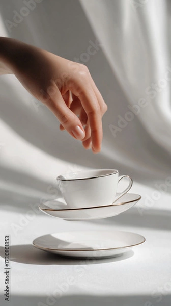 Fototapeta Hand turning cup upside down on saucer for fortune telling, white table.