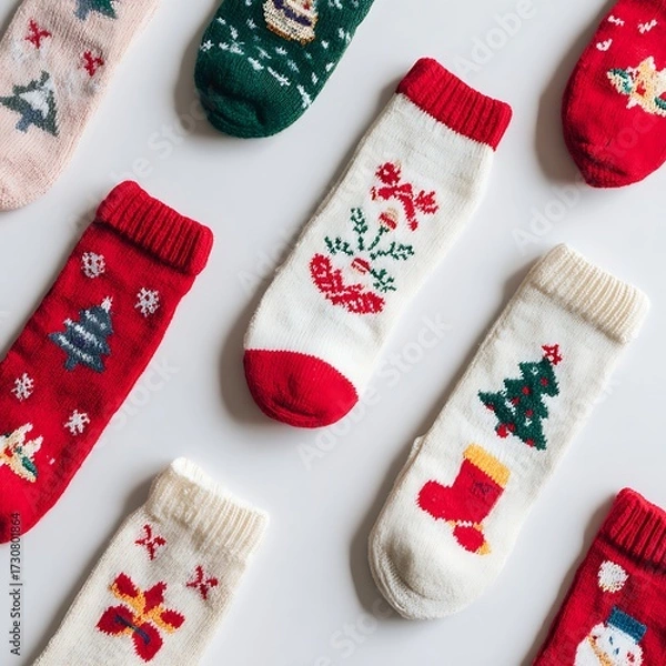 Fototapeta Christmas socks lying flat on plain white background