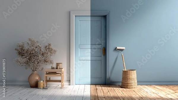 Fototapeta Two-tone room transformation with door and paint roller in modern interior setting.