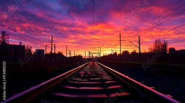 Fototapeta Vibrant sunset reflecting on railway tracks by the countryside with a silhouette of distant buildings.