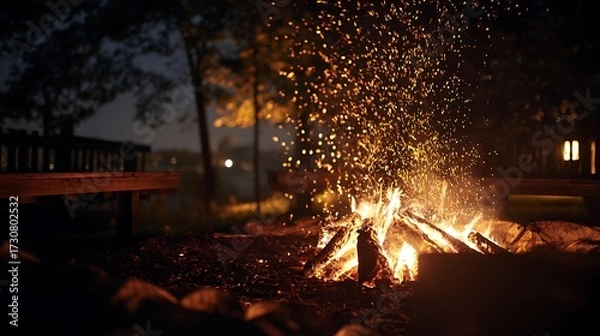 Fototapeta Warm glow from a campfire illuminates the dark night as sparks fly into the air in a tranquil outdoor setting.