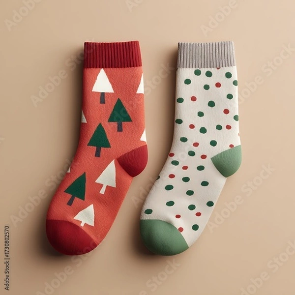 Fototapeta Christmas socks lying flat on plain minimalist surface