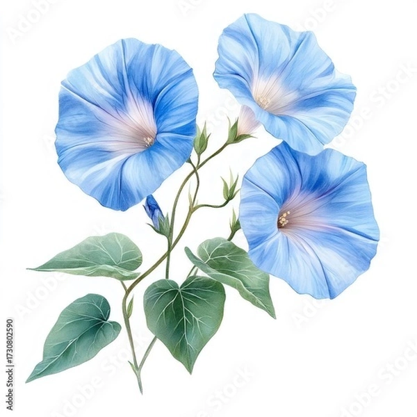 Fototapeta 青いアサガオの花柄イラスト 白背景で花束