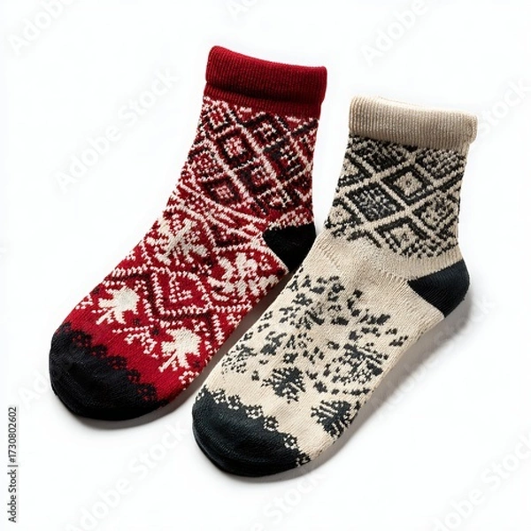 Fototapeta Pair of patterned Christmas socks displayed on blank background