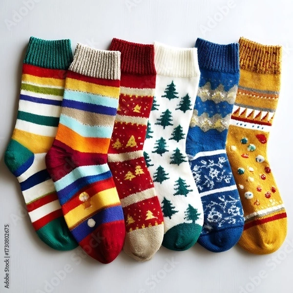 Fototapeta Colorful Christmas socks on plain white background