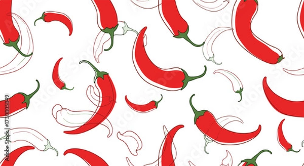 Obraz A vibrant seamless pattern of red chili peppers with outlines and scattered pepper shapes on a white background.
