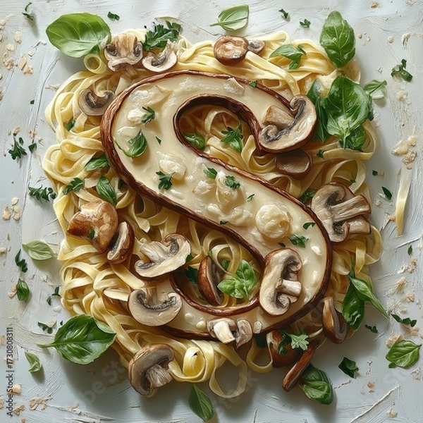 Fototapeta Pasta Dish with Mushrooms and Basil Arranged in Artistic Display.