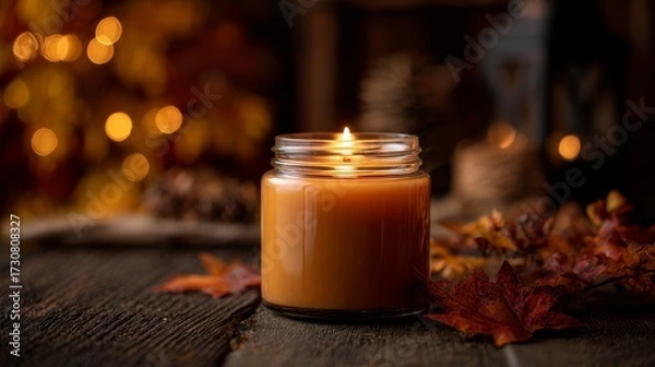 Fototapeta Blank pumpkin spice candle mockup on rustic wooden table with autumn leaves