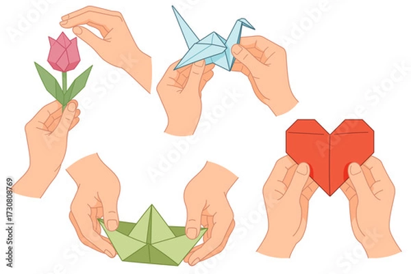 Fototapeta Hands Making Origami with Paper Flower, Crane, Heart, and Boat in Cartoon Vector Illustration