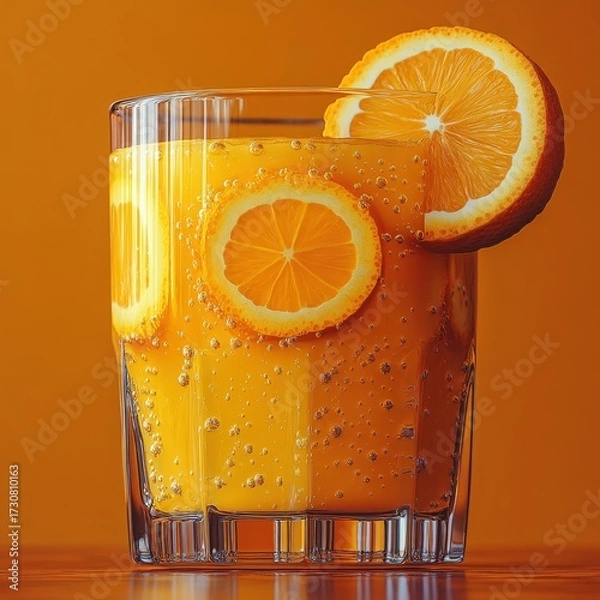 Fototapeta Refreshing Orange Drink with Citrus Slices and Bubbles in a Glass.