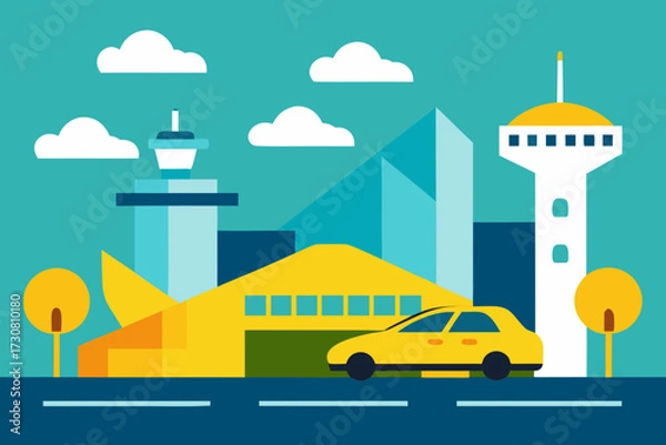 Fototapeta Modern cityscape with yellow car and iconic buildings under clouds