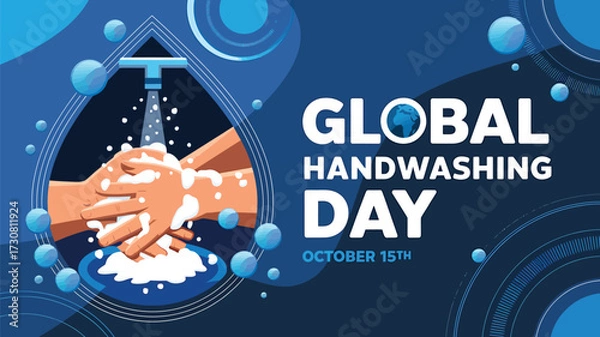 Fototapeta Vector art of global handwashing day with illustration of hands being washed under a faucet with soap and water