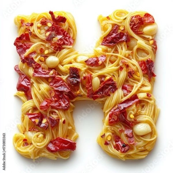 Fototapeta Spaghetti pasta with garlic and chili peppers shaped into the letter H on a white background.