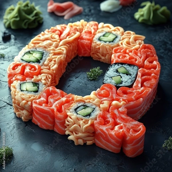 Fototapeta Sushi Letter Q - Creative Food Art with Salmon and Cucumber.