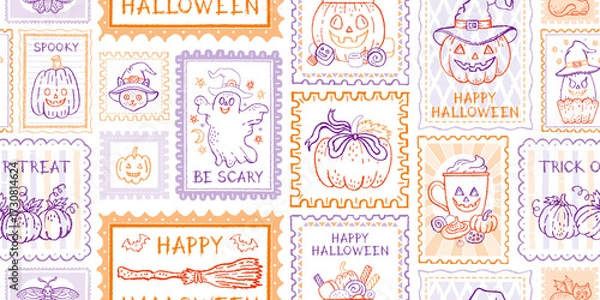 Fototapeta Halloween pattern. Seamless stamp pumpkin. Cute vector postcard background. Doodle postal print with ghost, fall pumpkin, skull, bow, cat. Halloween frame bg, vintage autumn cozy post seamless pattern