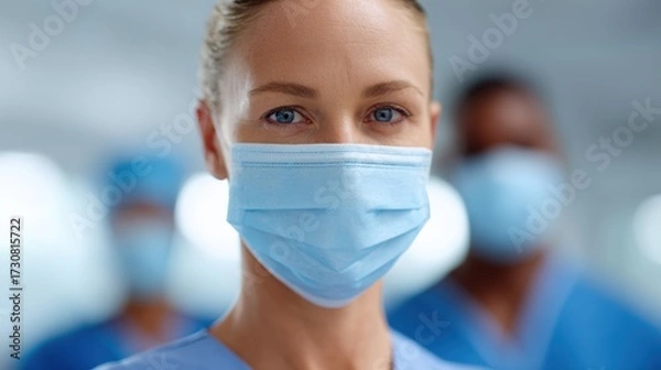 Fototapeta Team of healthcare workers collaborating in a hospital ward wearing scrubs and face masks