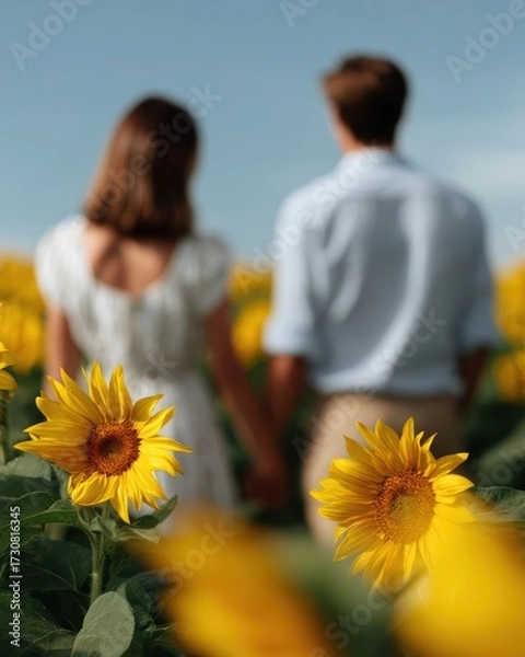 Fototapeta A couple walking hand in hand through a sunflower field on a warm summer day