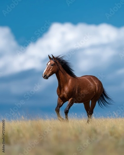 Fototapeta A wild horse running freely across an open prairie under a vast blue sky with fluffy clouds