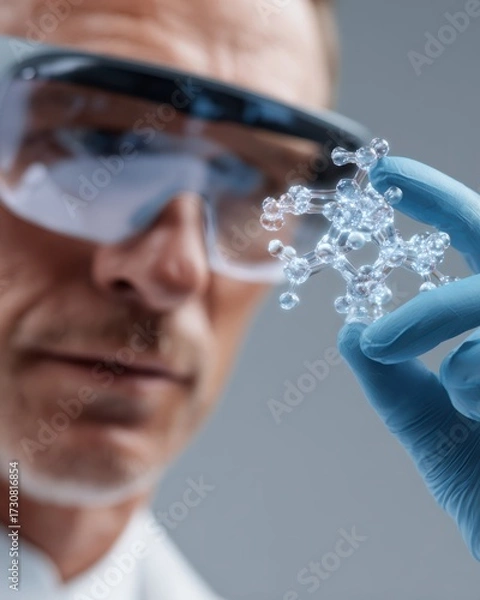 Fototapeta A scientist wearing augmented reality glasses, interacting with 3D holographic molecular models