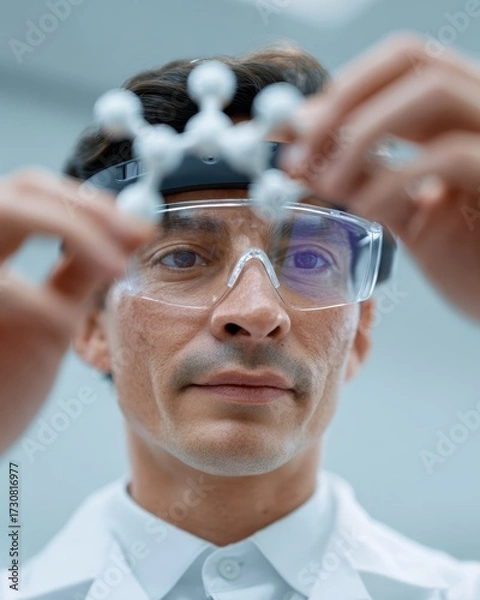 Fototapeta A scientist using augmented reality glasses to manipulate 3D molecular models in a futuristic lab
