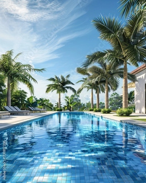 Fototapeta Tranquil Swimming Pool Surrounded by Lush Palm Trees Under Clear Blue Sky in a Tropical Luxury Resort