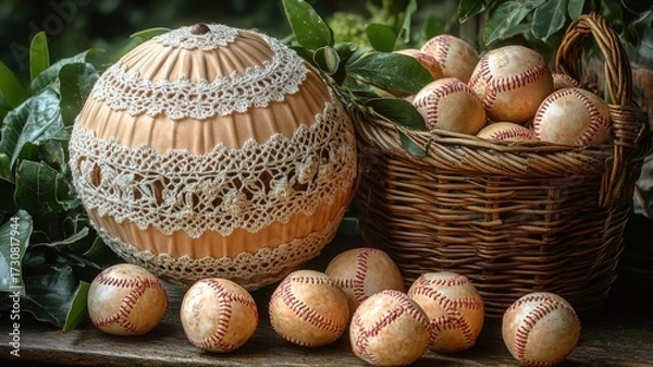 Fototapeta Vintage Baseballs and Decorative Lace Sphere in a Rustic Still Life Setting.
