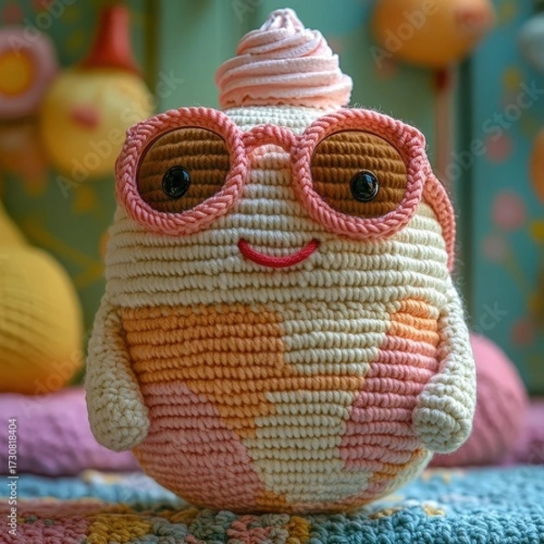Fototapeta Whimsical Crochet Toy with Glasses and Swirl Topping.