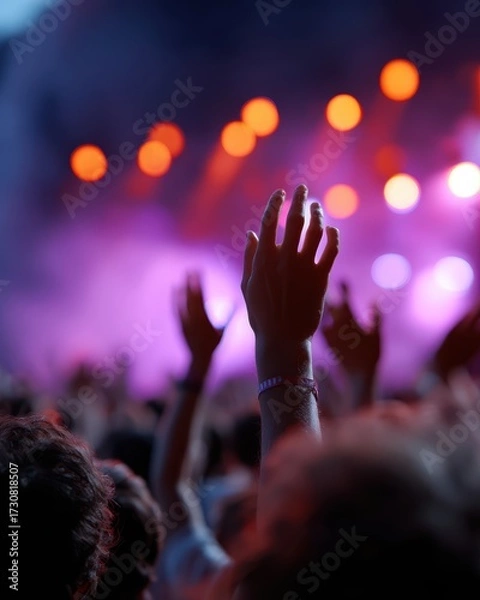 Fototapeta A group of friends enjoying a lively music festival with colorful stage lights and energetic crowds
