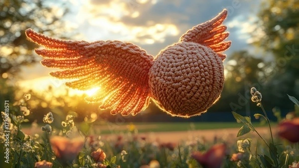 Fototapeta Whimsical Knitted Ball with Wings Soaring Above Field at Sunset.
