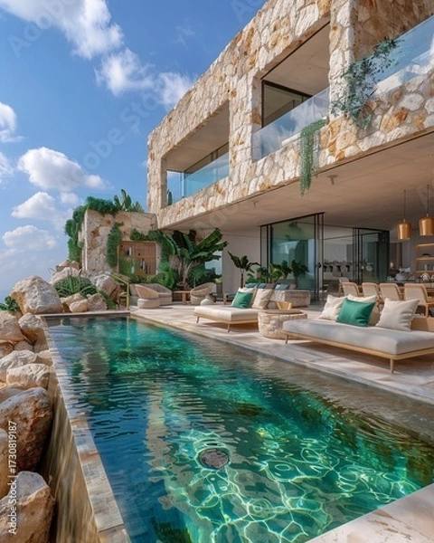 Fototapeta Luxury Villa with Infinity Pool Surrounded by Lush Greenery and Scenic Ocean Views under a Bright Sunny Sky
