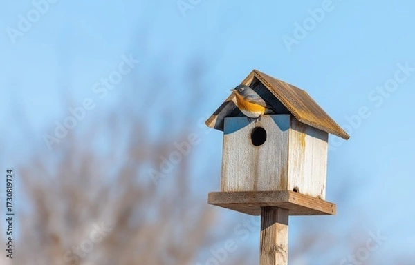 Fototapeta Birdhouse with a colorful bird perched on a tree against a bright blue sky in springtime tranquility