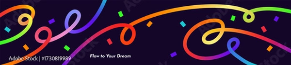 Obraz Abstract Gradient Swirl Lines Design with Confetti. Modern Curved Line Rainbow Ribbons Composition for Greetings, Creative Branding, Covers, Social Media, Shop Sale Flyers. Vector Illustration