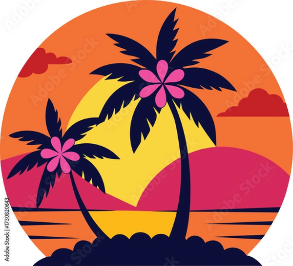 Fototapeta sunset and two palm trees on the beach vector illustration
