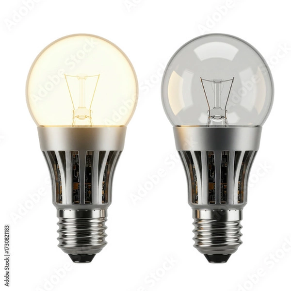 Obraz Two light bulbs, one illuminated, energy concept isolated PNG with Transparent Background