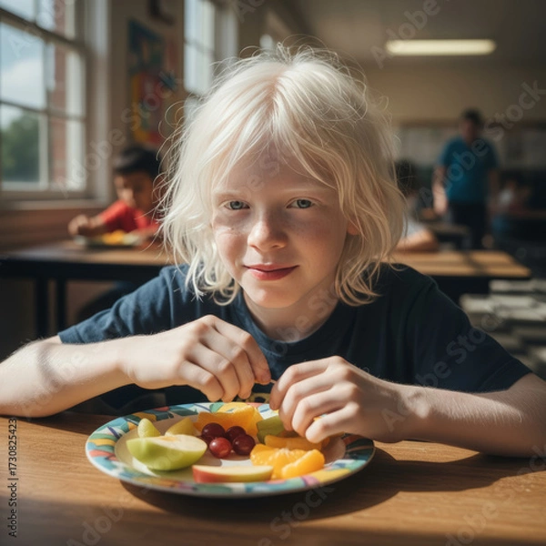 Fototapeta Albino boy enjoying a colorful plate of fresh fruits in a classroom, promoting healthy eating, copy space