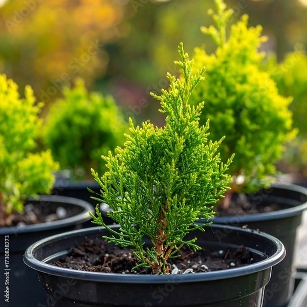 Obraz Small Evergreen Trees in Pots.