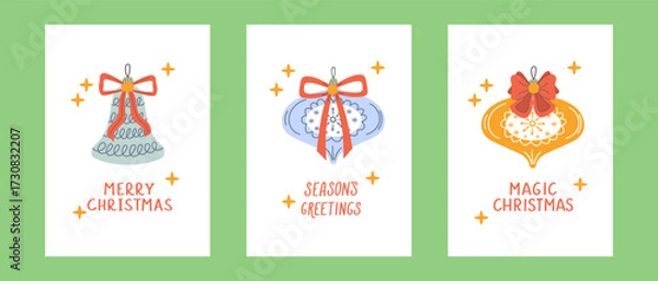 Obraz Set of three colorful Christmas card vector illustrations with ornaments and festive messages. Perfect for holiday greetings, printable cards, social media posts and invitations.