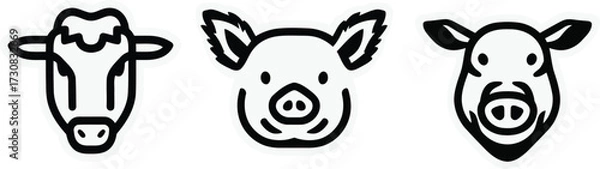 Fototapeta Minimalist Line Art Icons of Cow, Pig, and Boar Faces in a Clean Modern Style