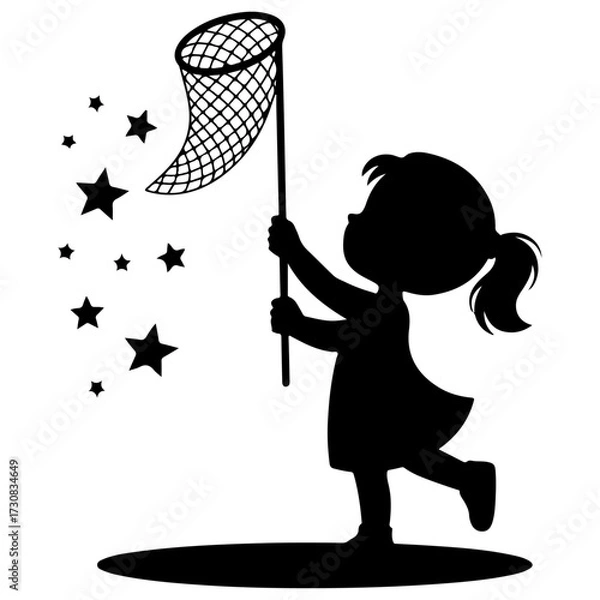 Fototapeta A silhouette of a child holding a butterfly net catching stars. The image is charming and imaginative, perfect for projects related to dreams and childhood