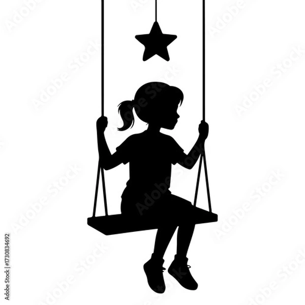 Fototapeta A silhouette of a young girl swinging with a star in the sky. The silhouette captures the essence of childhood innocence and freedom. 