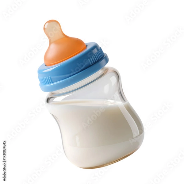 Obraz 3d tilted ergonomic baby bottle with milk and blue ring in transparent background png and white background jpg

