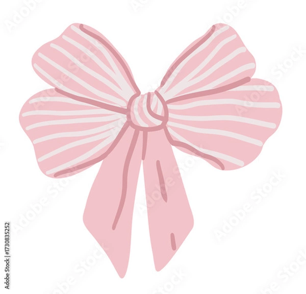 Fototapeta Pink bow with ribbon and stripe pattern in vintage coquette style. Flat illustration