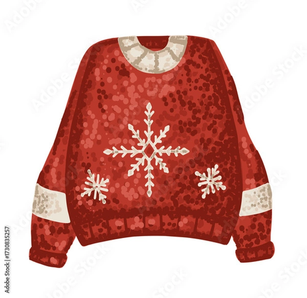 Fototapeta Christmas ugly sweater with snowflake in flat style. Cozy jumper in red color