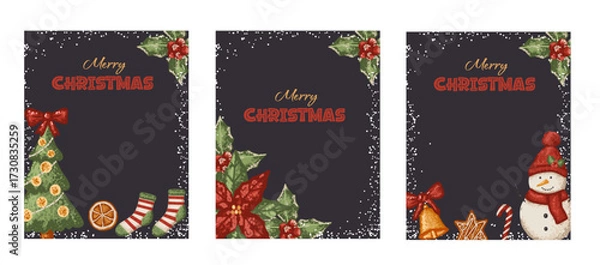 Fototapeta Set of Christmas greeting cards with decorated tree and snowman character in flat style