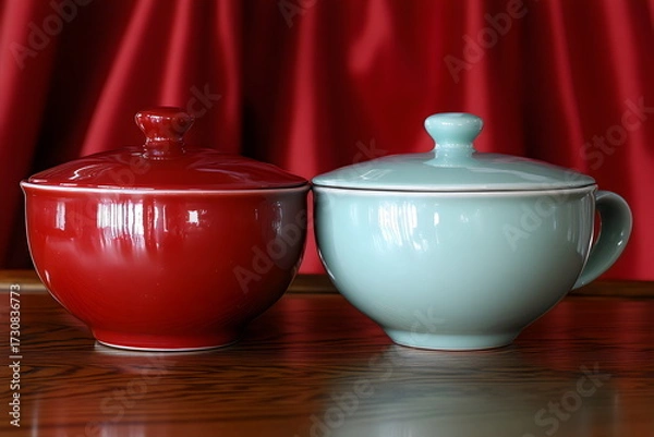 Fototapeta Trendy ceramic bowls in vibrant colors displayed on a wooden surface against a rich red backdrop