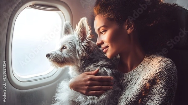 Fototapeta Portrait of a beautiful mixed race woman with a dog on the plane. Traveling with pet concept.
