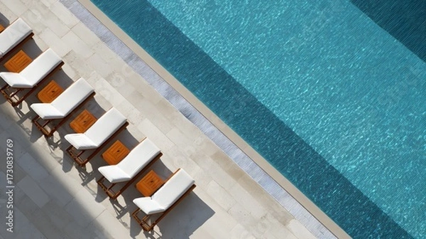 Fototapeta Swimming pool with sun loungers. View from above. luxury hotel resort. Aerial view of a luxury swimming pool.